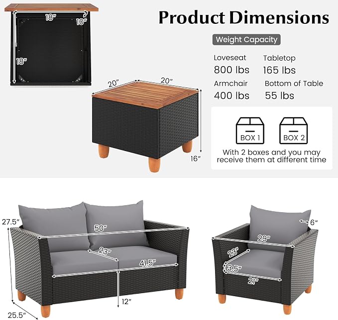 Tangkula 4 Piece Outdoor Conversation Set, Patio Cushioned Chairs w/Storage Coffee Table, Acacia Wood Tabletop & Chair Legs, Patio Wicker Furniture Set for Poolside, Lawn, Porch (1, Gray)