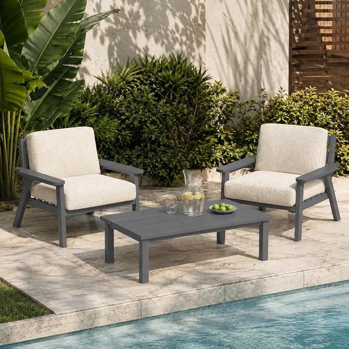 HDPE Outdoor Coffee Table, Weather-Resistant Rectangle Patio Coffee Table with Large Tabletop for Balcony, Deck, Garden, Poolside (Grey)