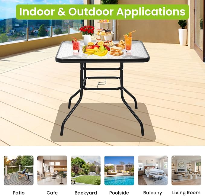 32 Inch Outdoor Bistro Table, Square Patio Table Tempered Glass Bistro Dining Set with Umbrella Hole for Garden, Balcony, Yard, Bars & Restaurant