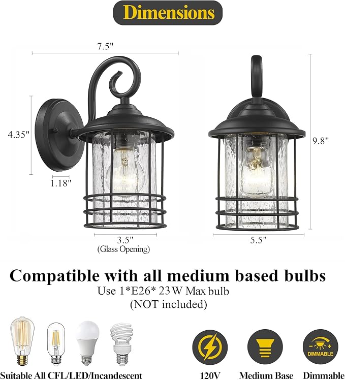 MICSIU Narrow 5.5" Wide Black Single Porch Light, 9.8" H Modern Farmhouse | Seedy Glass Outside Fixture, Vintage Round Outdoor Wall Sconce For Small Sidelight, Front Door, Garage
