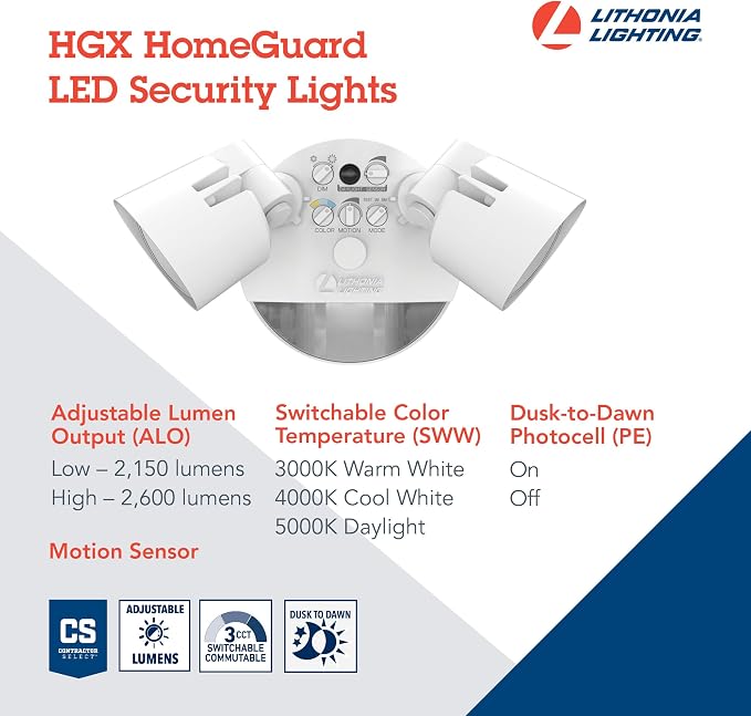 Lithonia Lighting HomeGuard 2-Light LED Outdoor Flood Lights, Motion Sensor Outdoor Lights with Dusk to Dawn, Adjustable Lumens and Color, Round Heads, White (HGX LED 2RH ALO SWW2 120 PIR WH M2)