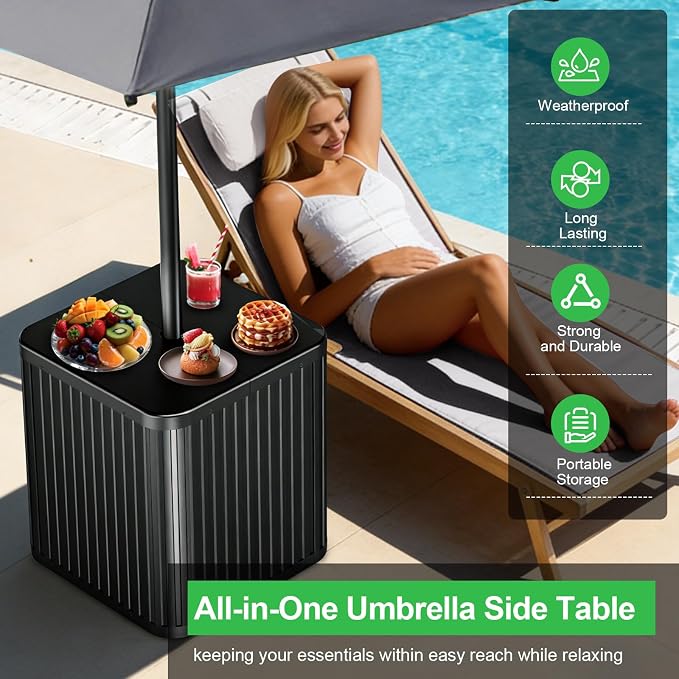 Umbrella Side Table with 1.5-1.6" Umbrella Hole, 132lbs Heavy Duty Fillable Umbrella Base Stand Table, 2-in-1 Modern Outdoor Patio Side Table for Yard Porch Poolside Deck Balcony Backyard Lawn