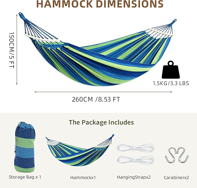 2 Person Outdoor Double Hammock,Heavy Duty Fabric Canvas Hammock with Carry Bag & Removable Spreader Bar, Portable Tree Hammock 550lbs Capacity for Porch Garden Patio Backyard Indoor Outdoor Blue