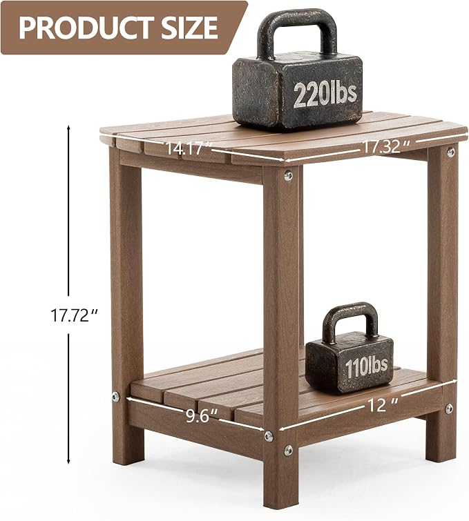 Adirondack Small Outdoor Side Table - Weatherproof HDPE Patio End Table with 2-Tier Storage for Firepit, Balcony, Garden, Poolside or Bathroom (Brown, Set of 2)