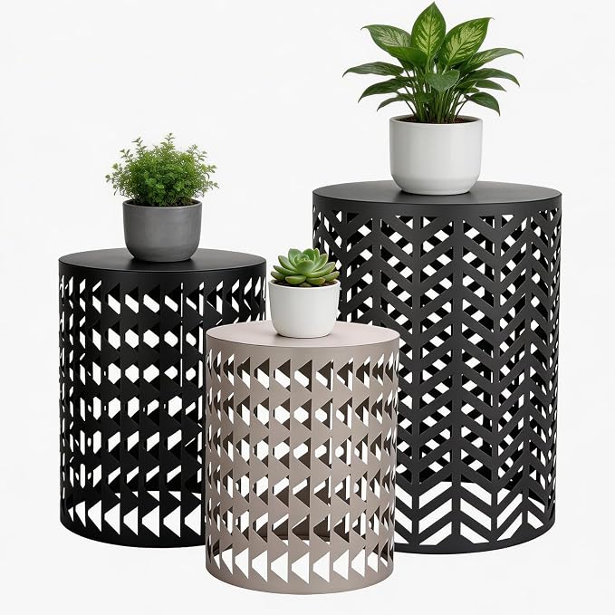EVLIQUIL Outdoor Side Table Set of 3 | Decorative Metal End Table Stools, Stackable Patio Coffee Tables for Balcony, Garden, Indoor Living Room