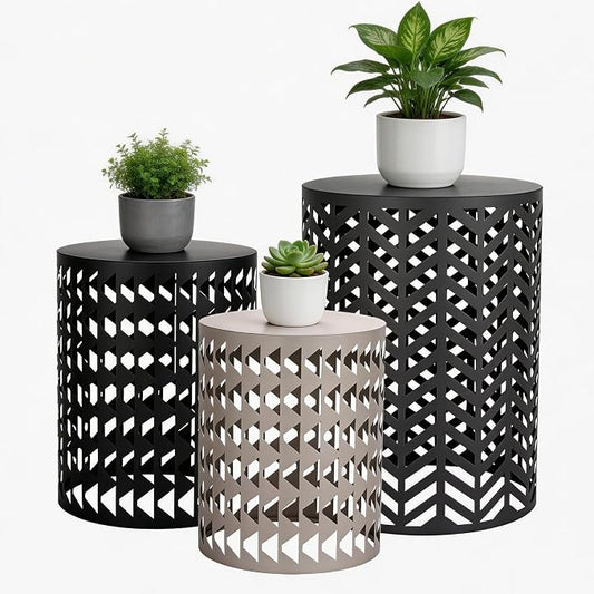 EVLIQUIL Outdoor Side Table Set of 3 | Decorative Metal End Table Stools, Stackable Patio Coffee Tables for Balcony, Garden, Indoor Living Room