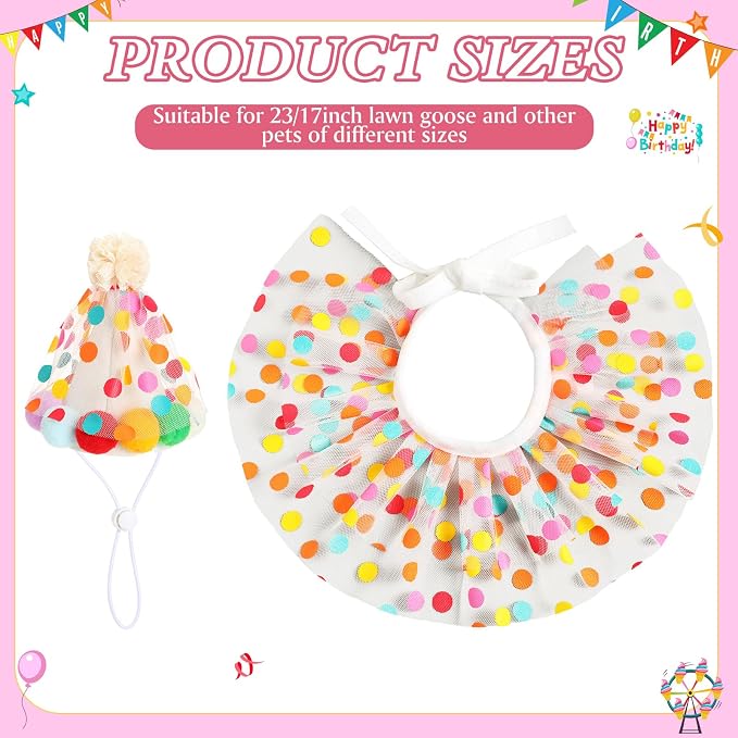 Birthday Porch Goose Outfit Lawn Clothes Hat and Tutu Collar Plastic Outfits for 23" 17" Cement Goose Outdoor Garden Lawn Art Decor(Colorful,Dots)