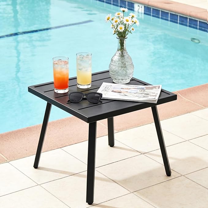 Patio Side Table, Square Outdoor End Table with Wood Grain Tabletop for Patio, Balcony and Garden, Black