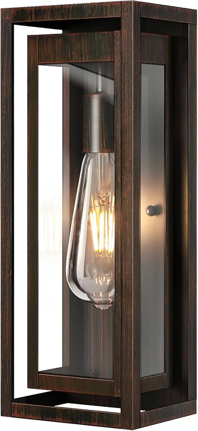 15" Large Outdoor Light Fixture Wall Mount, Distressed Brown Outdoor Sconce Lights, Modern Waterproof Exterior Porch Lights with Clear Glass Shade for Front Door, Garage, 1 Pack