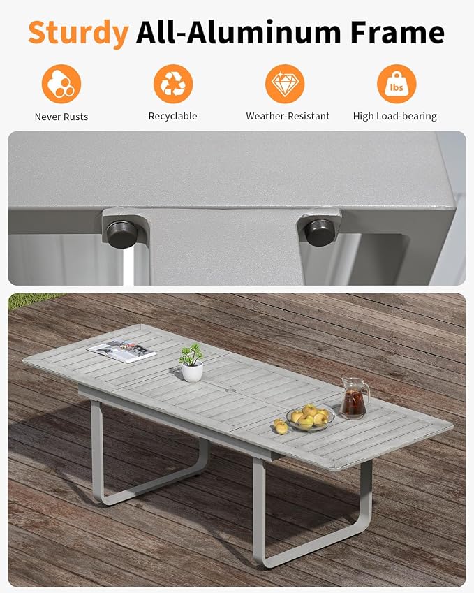 Expandable Outdoor Dining Table for 6-8 Person, Never-Rust Aluminum Extendable Dining Table with U-Shape Legs, 59"-97" Rectangular Patio Table for Porch, Deck, Backyard
