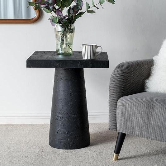 Faux Stone Side Table Square End Table Patio Small Drink Table for Small Spaces Outdoor Modern Pedestal End Tables Farmhouse Nightstand for Living Room Bedroom Corners Office (Black)