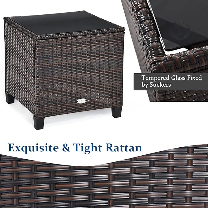 3-Piece Wicker Patio Furniture Set, Outdoor Sofa Set with Water-Resistant Cushion & Tempered Glass Table, Black
