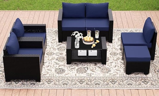 7 Piece Outdoor Patio Furniture Set with Wicker Sectional Sofa, Ergonomic Armrests Couch, Cushions Included and 2-Tier Tempered Glass Coffee Table for Conversation Sets on Deck Backyard Porch
