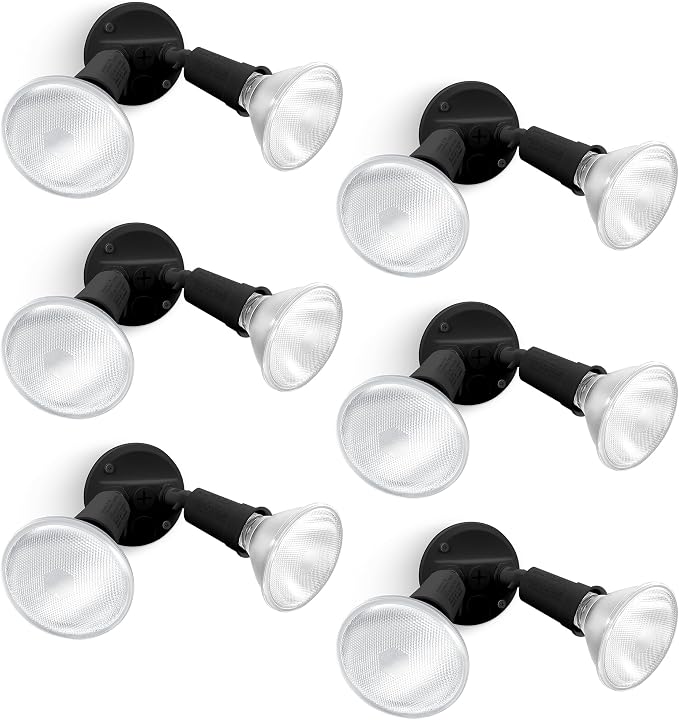 LUTEC 6 Pack Adjustable Twin Par Holder Outdoor Flood Lights, Switch Controlled Security Lights, Floodlights Fixture, Waterproof Exterior Max 300 Watt Par38 Flood Light for Garage, Yard, Porch-Black