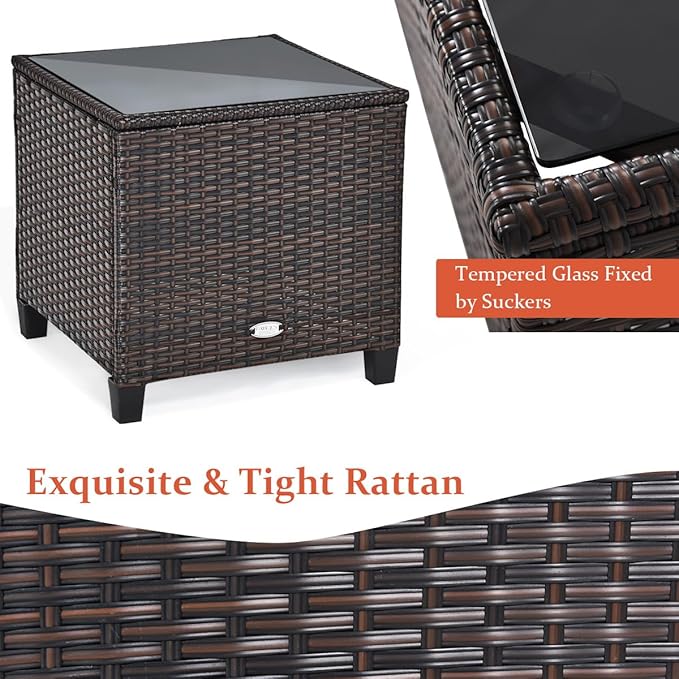 DORTALA Wicker Patio Furniture Set 3 Piece, Outdoor Table and Chairs with Tempered Glass Tabletop, Cushions, Small Rattan Conversation Sofa Set for Balcony, Porch, Backyard, Deck, Orange