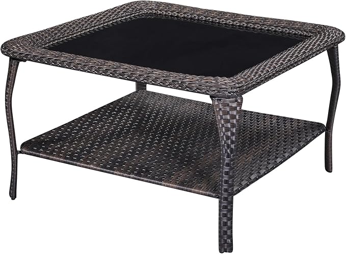 Patio Table Outdoor Coffee Tables - Rattan Wicker Coffee Table with Glass Top and 2-Tier Storage Shelf Square for Outdoor Patio Porch Deck Balcony Garden(Brown/Glass Top)