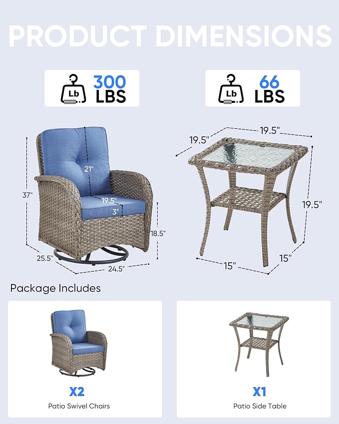 3 Pieces Patio Bistro Set Outdoor Swivel Rocker Patio Chairs with Side Table Patio Furniture for Deck Porch Garden Balcony Poolside