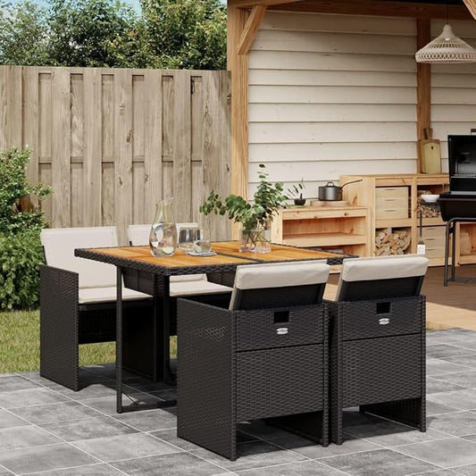 5 Piece Patio Dining Set with Cushions Black Poly Rattan Outdoor Table and 4 Chairs for Garden Backyard Porch Dining Space Saving Foldable Comfy Seat UV Proof