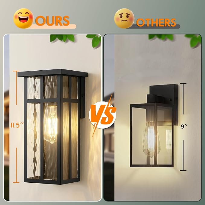 Outdoor Wall Light Fixtures, Modern Black Porch Wall Lanterns | Waterproof Construction & Durable Metal, Rust-Resistant, Quick & Easy Installation, Ripple Glass Shades & Standard E26 Socket