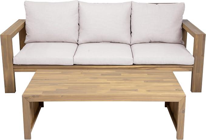 Outdoor Patio Sofa Set 3-Seater Acacia Wood Conversation Set with Cushions & Coffee Table Garden Backyard Balcony Poolside (Beige,Light Teak5)