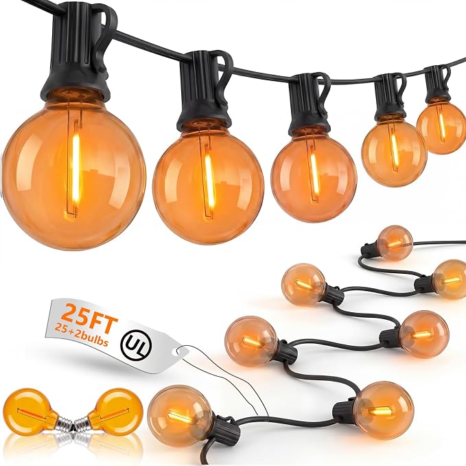 Halloween Orange String Lights, 25Ft G40 Outdoor Halloween Decorations Lights with 27 LED Shatterproof Orange Globe Bulbs, Hanging Patio Lights for Christmas Backyard Holiday Fall Party Garden Decor