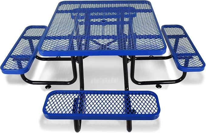 46" Thermoplastic Picnic Table with Umbrella Hole up to 1.5", Heavy Duty Commercial Picnic Table for Outdoor, Family & Party Ready for School Camping, Square, Blue