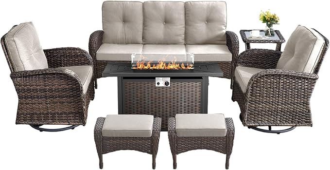 7 Pieces Outdoor Furniture with Fire Pit Deep Seating Wicker Patio Couch with Patio Swivel Chairs Outdoor Furniture Set for Deck Porch Garden Balcony Poolside-Brown/Beige
