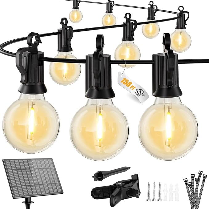 Brightown 158FT 77LED Solar String Lights Outdoor with USB Port | Shatterproof Bulbs, Dimmable & Timable, 3 Modes, Solar Patio Lights with a Mount Clip for Camping Backyard Garden Decor