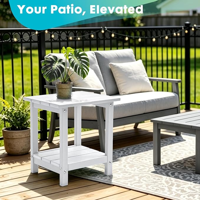 Outdoor 2-Tier Square Side Table, Adirondack Weather Resistant Patio End Table, Low Maintenance HDPE Accent Table for Backyard, Pool, Porch, Deck, White