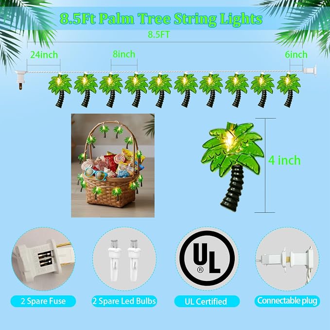 8.5Ft Palm Tree Lights Outdoor String Lights, 10L LED Patio Lights String | Summer Beach Themed, Plug in Lights for Outdoor Indoor, Bedroom, Birthday, Beach, Tiki Party Decor, White Wire