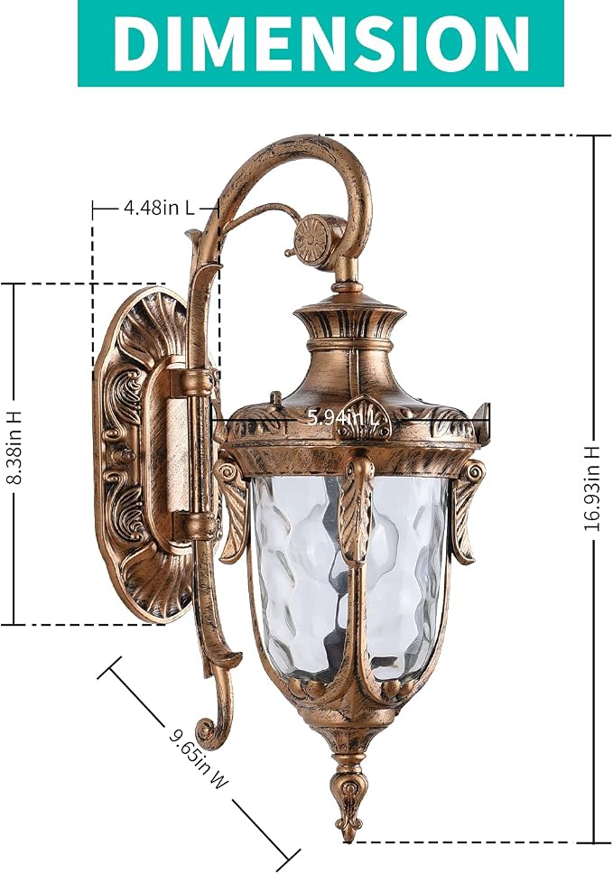 16.93” Outdoor Wall Light Fixture Bronze Exterior Wall Lantern | Outside Waterproof Sconce Rustic Porch Light Wall Mount with Hammered Glass Shade for House