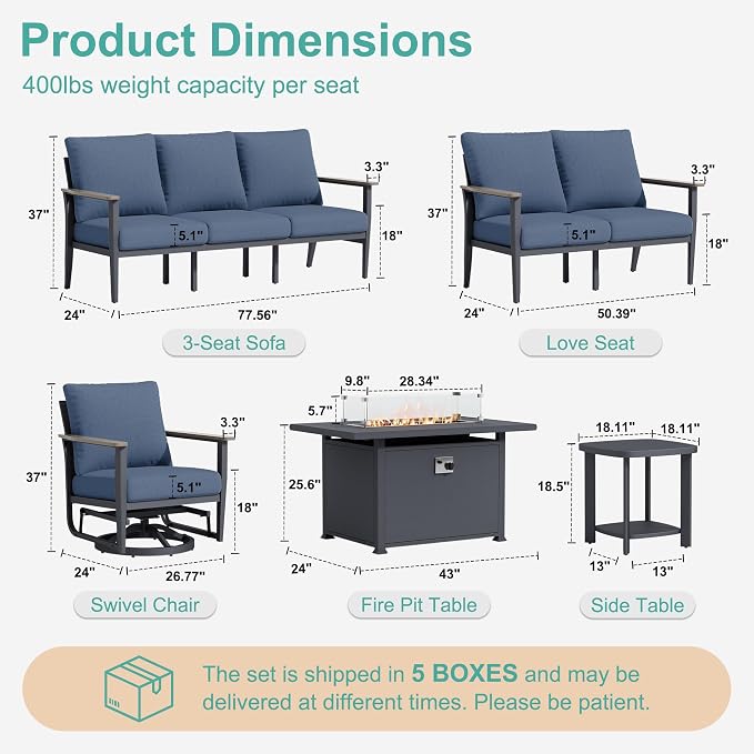 Aluminum Outdoor Patio Furniture Set with Swivel Rocking Chairs 7-Seat, Patio Sectional Sofa Patio Conversation Set with 55,000 BTU Fire Pit Table & High Backrest, Navy Blue