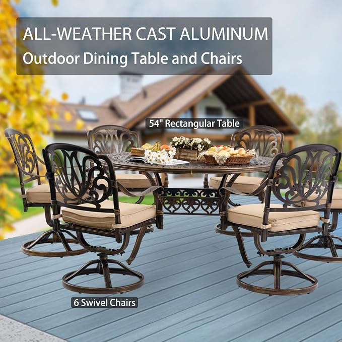 7-Pcs Cast Aluminum Patio Dining Set with 6 Swivel Chairs,Bronze | Outdoor Furniture Set Include 54" Round Dining Table and 6 Swivel Chairs with Cushions & Umbrella Hole