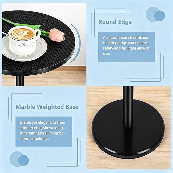 Small Round Side Table Black Drink Table with Marble Base, Modern Weighted Martini Pedestal Table for Small Spaces, Living Room, Bedroom, Sofa Couch, Office