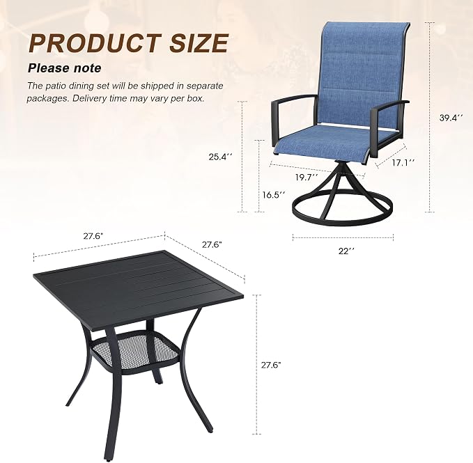 VICLLAX 3 Pieces Outdoor Dining Set, Patio Furniture Set Includes 27.6" Square Metal Table and 2 Padded Textilene Swivel Chairs for Porch, Lawn, Garden, Backyard