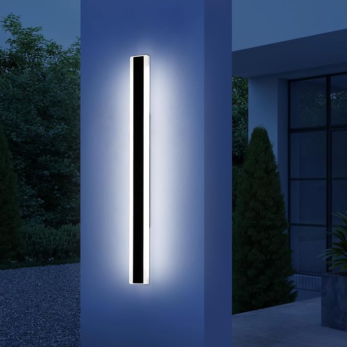 57inch Exterior Wall Light Fixture, 6000K Cold White, Modern Long Outdoor Wall Sconce, IP65 Waterproof, 50W, Black Minimalist Outside LED Strip Lights for Garage, Patio, Balcony, Fence