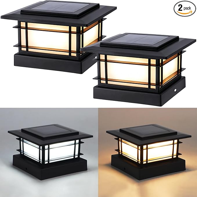 Dynaming 4x4 Solar Post Cap Lights Outdoor with 2 Color Modes, 2 Pack Fence Post Solar Lights Black Shell Fit for Vinyl/Wooden Posts, High Brightness SMD LED Lighting Decor for Garden Deck Patio