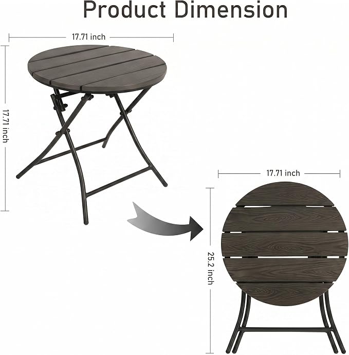 TeoKJ Folding Black Small Outdoor Side Tables, HDPS Patio Table with Metal Legs, Outdoor Small Round Table for Garden,Deck, No Assembly Patio Table Round Nightstand for Porch Yard Balcony Deck Lawn