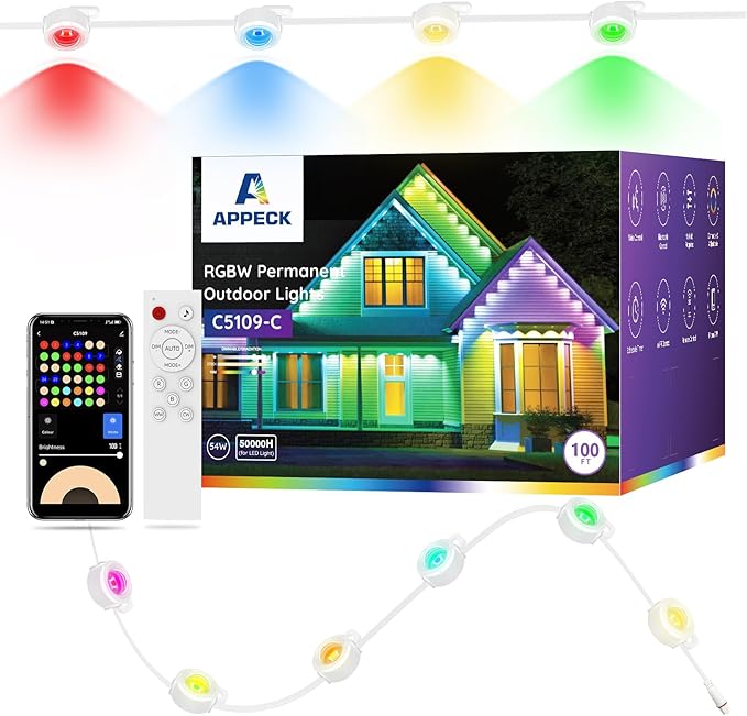 Permanent Outdoor Lights 100FT with 72 LEDs, Smart Eaves Lights RGBW | IP65 Waterproof Outdoor String Lights, DIY Scene Modes, App/Remote Control, for Christmas/Holidays, Alexa Compatible, White