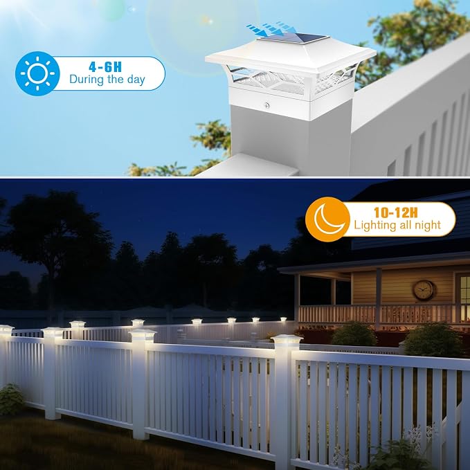 JOFIOS Solar Fence Post Lights, Cap Lights for 4x4/5x5 Vinyl Fence and 4x4/6x6 Wooden Post, Warm White/Cool White Lighting, White Solar Cap Outdoor Waterproof Decorate Garden Pathway Deck Patio