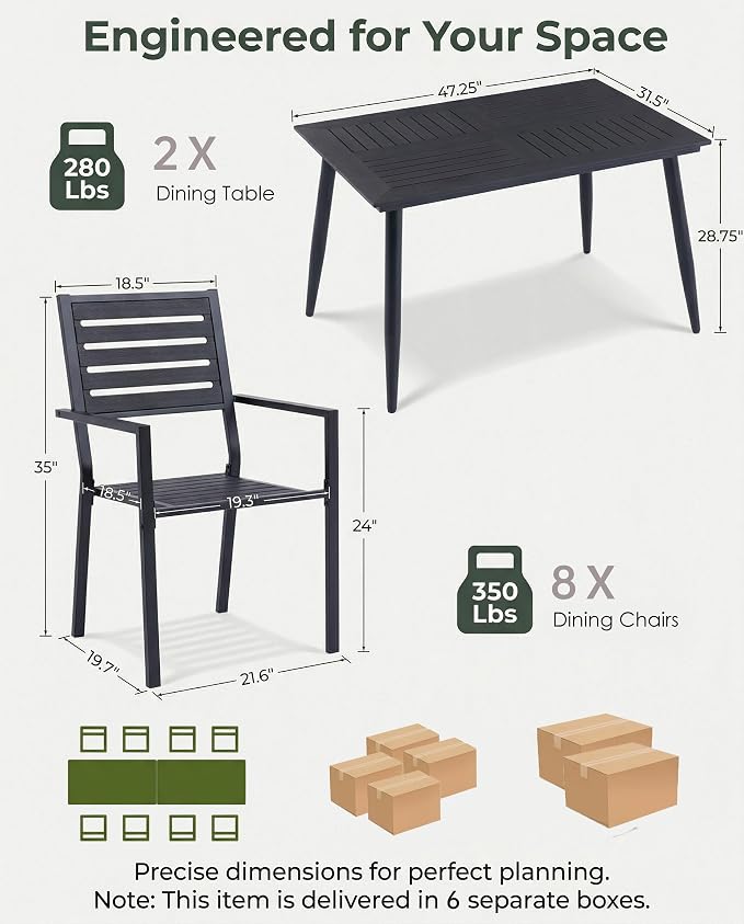 10 Piece Outdoor Dining Set All Weather Patio Dining Set with HDPE Wood-Like Tabletop, Rustproof Metal Outdoor Table and Chairs with 8 Stackable Chairs for Garden Backyard, Black