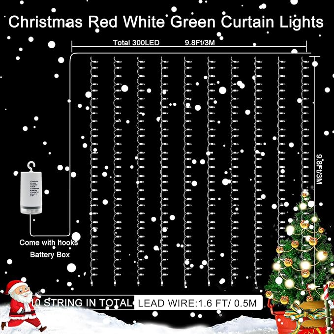 echosari Red White and Green Christmas Curtain Lights Battery Operated | 300 LED Curtain Lights 9.8Ft x 9.8Ft Hanging Lights with Remote Timer for Party Holiday Garden Yard Decor