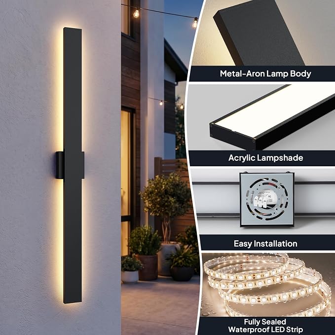 2 Pack LED Outdoor Wall Sconce Dimmable, 3000K 4500K 6000K, 47.2" Modern Black Linear Exterior Lighting Fixtures, IP65 Waterproof Outside Lights for Entrance, Hallway, Garage, Porch