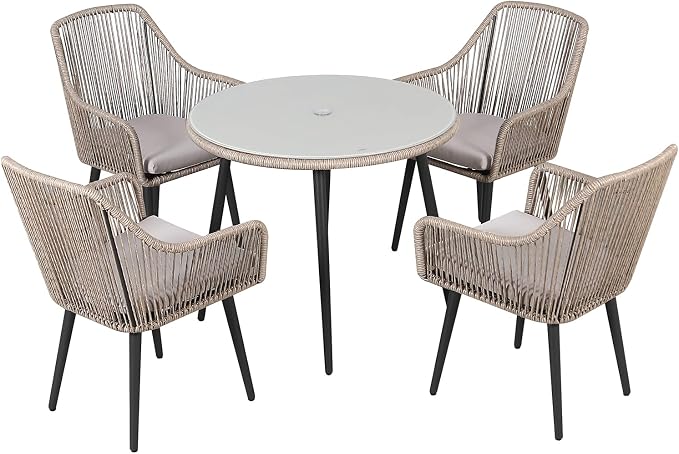 Patiorama Outdoor Dining Table, 35'' Patio Round Table, All-Weather Rope Rattan Wicker Patio Dining Table, Patio Tempered Glass Table with Umbrella Hole, Outdoor Coffee Table for Lawn Garden Pool(Tan)