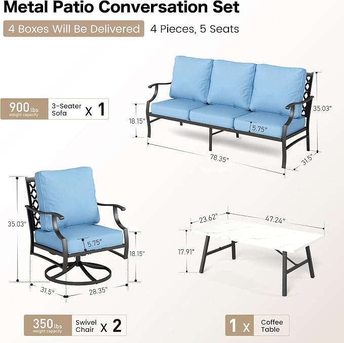 SUNSHINE VALLEY 4 Piece Metal Outdoor Patio Furniture Set, Patio Conversation Sets 1 3-seater Sofa, 2 Swivel Chair with 5.75" Extra Thick Cushion and Coffee Table, Black Frame Backyard Furniture, Blue