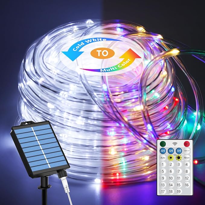 ICRGB Solar Lights Outdoor, 66FT 200LED 1800mah Solar Rope Lights with Remote, Type C, 19 Modes and Timer, IP67 Waterproof for Outdoor Christmas Pool Patio Porch Tree Wedding, Cool White to Multicolor | Type C & Solar, 19 Modes, IP67 Waterproof, With R...