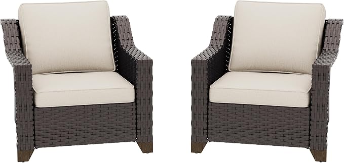 Patio 2 Pieces Wicker Chairs Set of 2，Outdoor PE Rattan Armchairs, Water-Resistant Cushions with Removable and Washable Covers, Porch, Balcony, Sunroom (Beige)