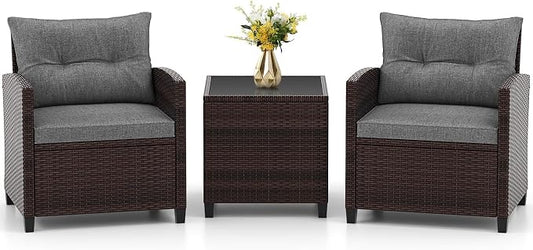 RELAX4LIFE 3-Piece Patio Furniture Set - Wicker Bistro Conversation Set w/2 Cushioned Armchairs & Glass Topped Table, Outdoor Rattan Sofa for Porch Balcony Poolside (Grey)