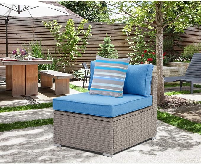 HOMPUS Outdoor Patio Furniture Warm Gray Wicker Armless Chair w Blue Cushion w 1 Stripe Pillow for Garden, Pool, Backyard