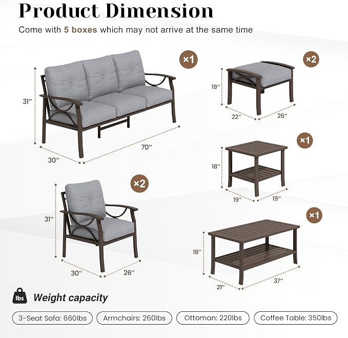 FansaFurn 7-Pieces Outdoor Patio Furniture Set, Outdoor Metal Sectional Furniture with Cushions, Outdoor Conversation Seating Set with Coffee Table for Backyard,Garden, Balcony, Deck, Backyard, Grey